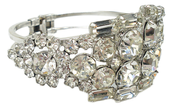 Glam Clamper Bracelet Silver Tone Large Crystal Rhinestones Cushion Octagons