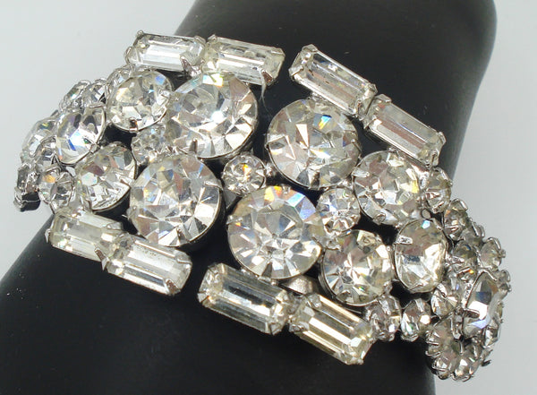 Glam Clamper Bracelet Silver Tone Large Crystal Rhinestones Cushion Octagons