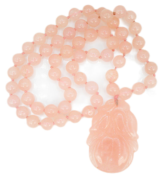 Vintage Chinese Natural Pink Quartz Necklace 10mm Beads Carved Lotus Flower
