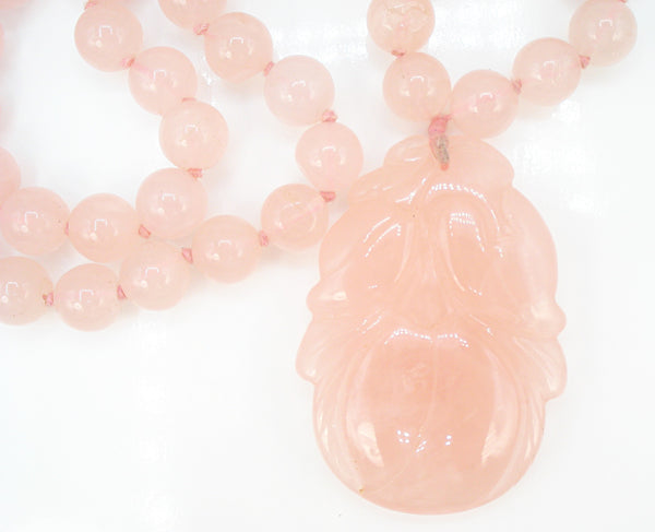 Vintage Chinese Natural Pink Quartz Necklace 10mm Beads Carved Lotus Flower