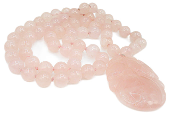 Vintage Chinese Natural Pink Quartz Necklace 10mm Beads Carved Lotus Flower
