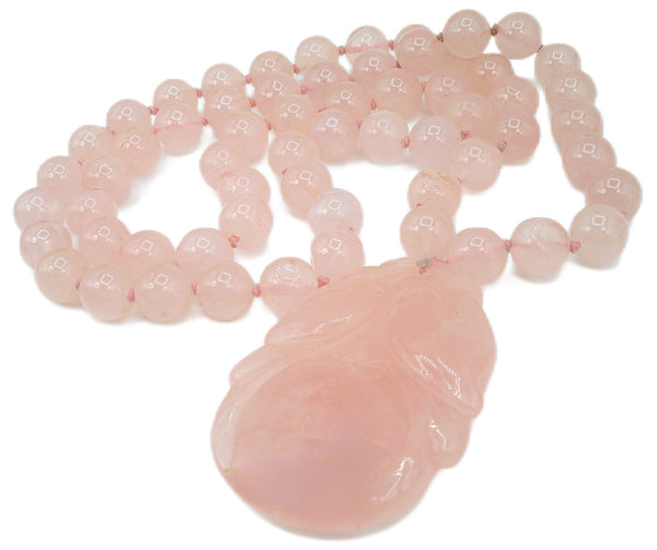 Vintage Chinese Natural Pink Quartz Necklace 10mm Beads Carved Lotus Flower