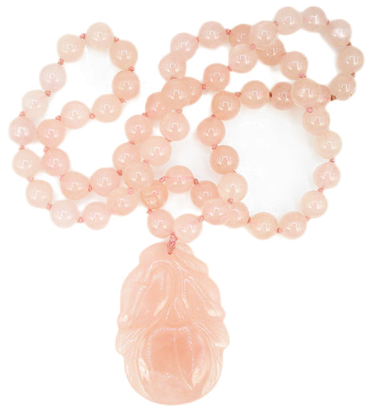 Vintage Chinese Natural Pink Quartz Necklace 10mm Beads Carved Lotus Flower