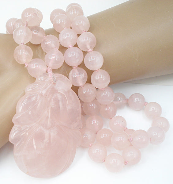 Vintage Chinese Natural Pink Quartz Necklace 10mm Beads Carved Lotus Flower
