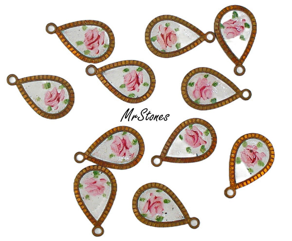 17.5x10.7mm Guillioche White/Pink Flowers Pear Shape Dangle Finding 2pc (1 pair)