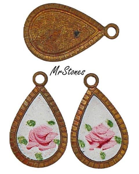 17.5x10.7mm Guillioche White/Pink Flowers Pear Shape Dangle Finding 2pc (1 pair)