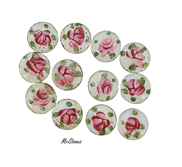 10.5mm Guilloche Round Cabochon Metal White/Pink Enamel Flowers Floral 4pc/$1.00