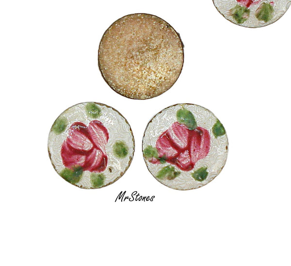 10.5mm Guilloche Round Cabochon Metal White/Pink Enamel Flowers Floral 4pc/$1.00