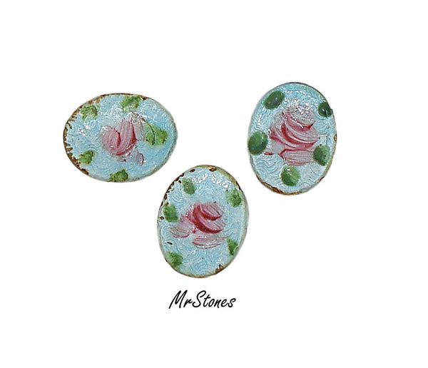 10x8mm Guilloche Oval Cabochon Metal Blue/Pink Enamel Flowers Floral 3pk/$1.00