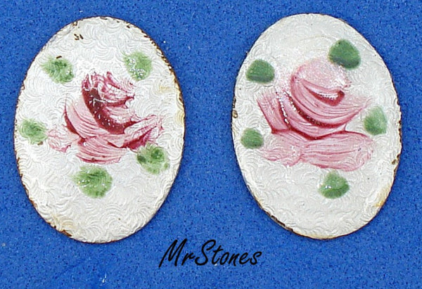 18x14mm Guilloche Oval Cabochon Metal White/Pink Enamel Flowers Floral 2pk/$1.00