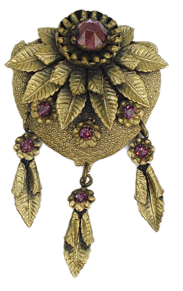 3 1/4" VICTORIAN REVIVAL BROOCH AMETHYST LAYERED FLOWERS LEAVES DANGLES