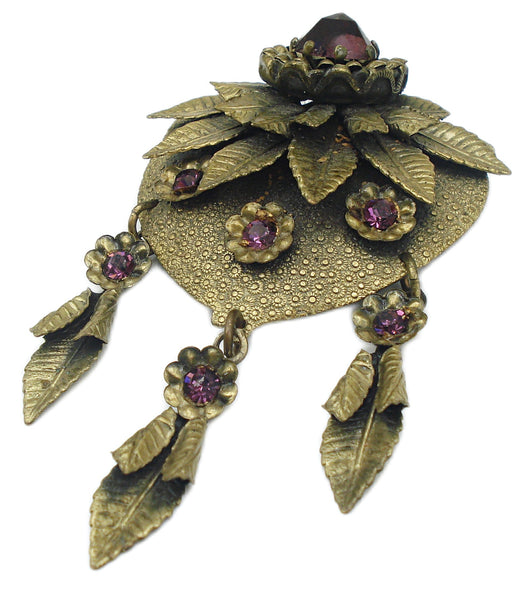 3 1/4" VICTORIAN REVIVAL BROOCH AMETHYST LAYERED FLOWERS LEAVES DANGLES