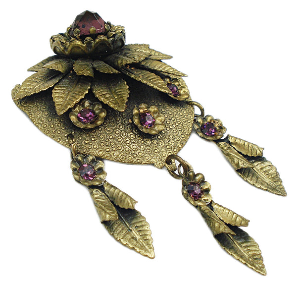 3 1/4" VICTORIAN REVIVAL BROOCH AMETHYST LAYERED FLOWERS LEAVES DANGLES