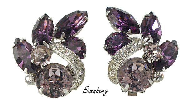 Eisenberg Earrings Amethyst Light Amethyst Crystal Rhinestones Silver Tone 1 1/8"
