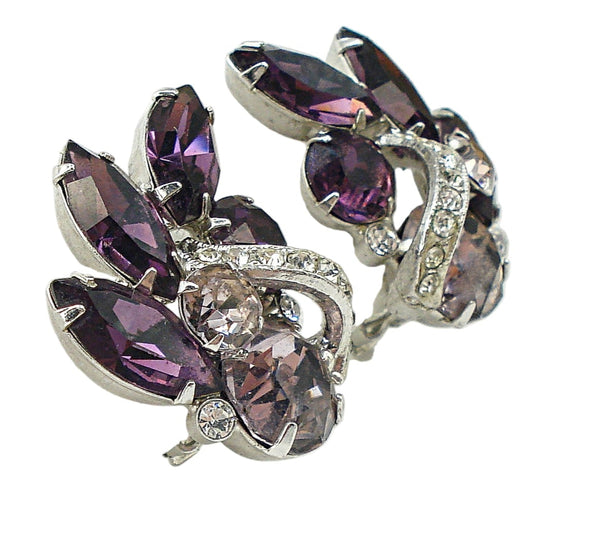 Eisenberg Earrings Amethyst Light Amethyst Crystal Rhinestones Silver Tone 1 1/8"