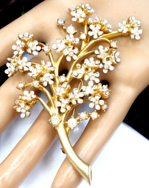 Marvella Flowers Brooch 3.5" White Enamel Crystal Rhinestones