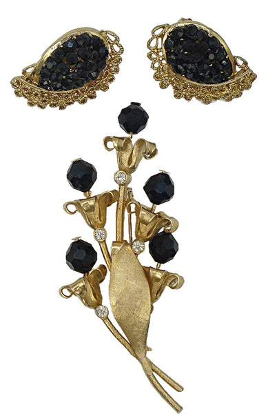 Floral 3" Brooch Earrings Textured Gold Tone Glass Black Beads Rhinestones