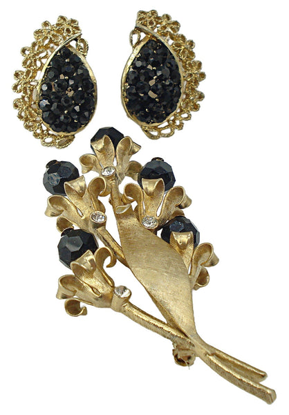 Floral 3" Brooch Earrings Textured Gold Tone Glass Black Beads Rhinestones
