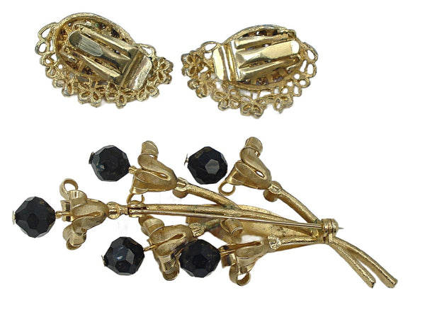 Floral 3" Brooch Earrings Textured Gold Tone Glass Black Beads Rhinestones