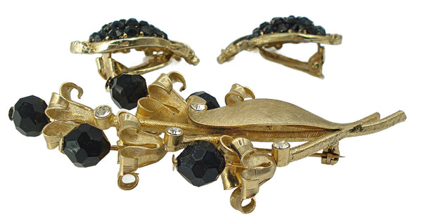 Floral 3" Brooch Earrings Textured Gold Tone Glass Black Beads Rhinestones