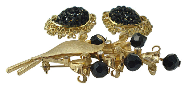 Floral 3" Brooch Earrings Textured Gold Tone Glass Black Beads Rhinestones