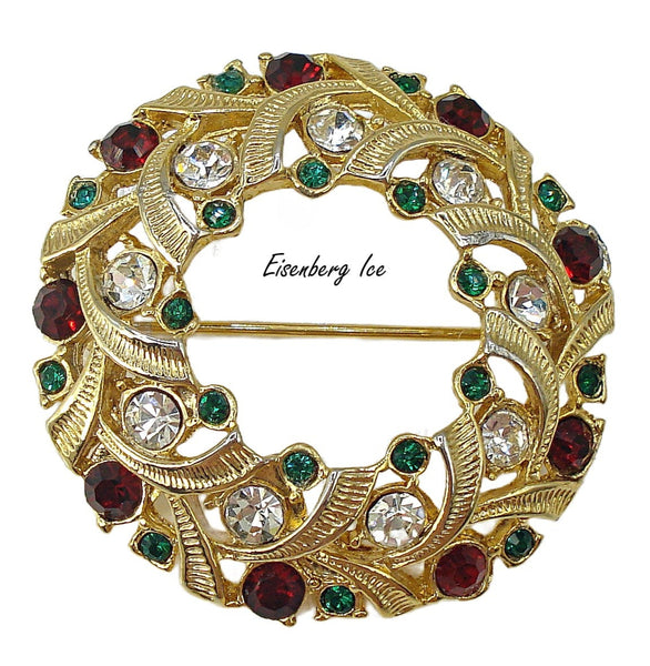Eisenberg Ice Christmas Wreath Brooch Pin Classic Color Rhinestones