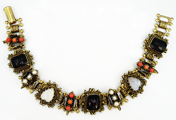 Victorian Revival Bracelet Moonstone Leaves Faux Garnet Pearls Corals Gold Tone