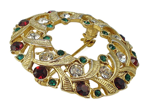 Eisenberg Ice Christmas Wreath Brooch Pin Classic Color Rhinestones