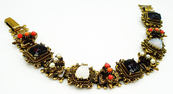 Victorian Revival Bracelet Moonstone Leaves Faux Garnet Pearls Corals Gold Tone
