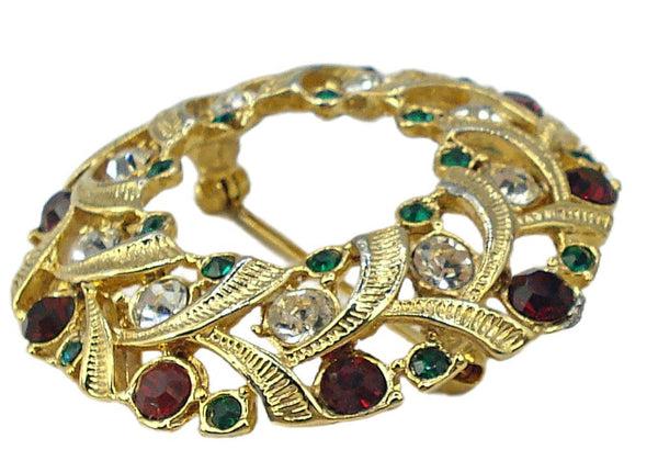Eisenberg Ice Christmas Wreath Brooch Pin Classic Color Rhinestones