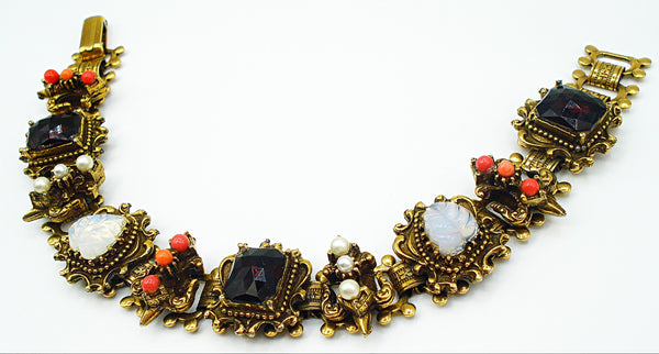 Victorian Revival Bracelet Moonstone Leaves Faux Garnet Pearls Corals Gold Tone