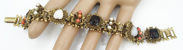Victorian Revival Bracelet Moonstone Leaves Faux Garnet Pearls Corals Gold Tone