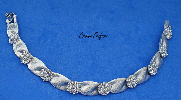 Crown Trifari Birthday Ribbon Bracelet Silver Tone Crystal Rhinestones 7"