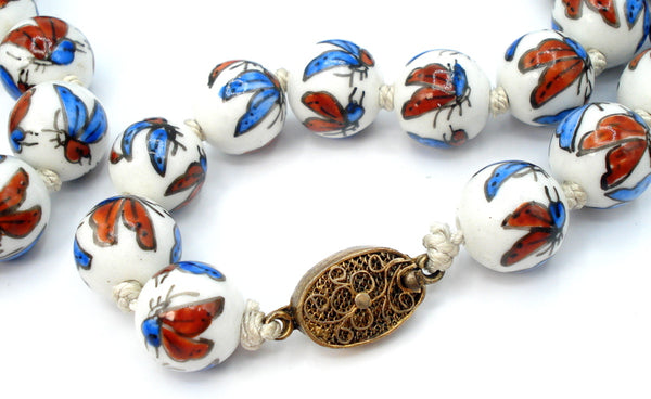 Vintage Asian Porcelain Beaded Necklace Hand Painted Butterflies Knotted 24"