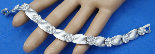Crown Trifari Birthday Ribbon Bracelet Silver Tone Crystal Rhinestones 7"