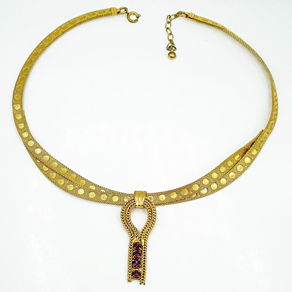 Necklace 17" Choker Flat Mesh 2 Strand Criss Cross Circle Accents Amethyst Dangle