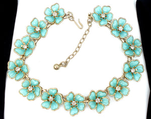 Vintage Choker Necklace Plastic Flowers Mint Turquoise Rhinestones