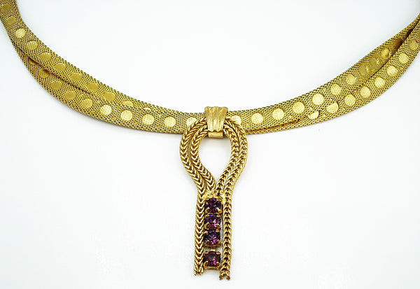 Necklace 17" Choker Flat Mesh 2 Strand Criss Cross Circle Accents Amethyst Dangle