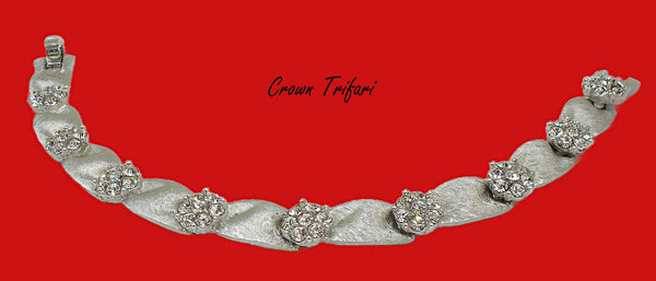Crown Trifari Birthday Ribbon Bracelet Silver Tone Crystal Rhinestones 7"