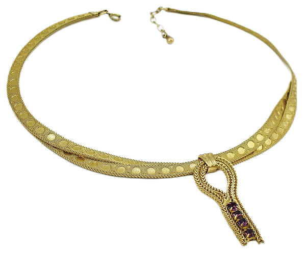 Necklace 17" Choker Flat Mesh 2 Strand Criss Cross Circle Accents Amethyst Dangle