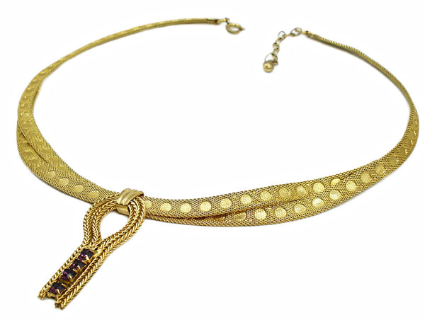 Necklace 17" Choker Flat Mesh 2 Strand Criss Cross Circle Accents Amethyst Dangle