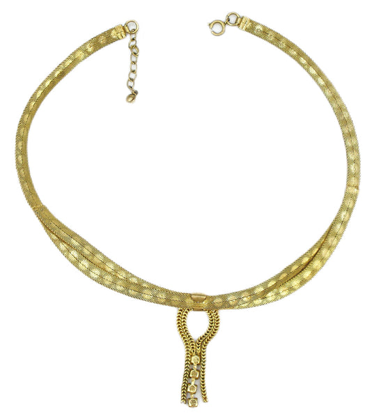 Necklace 17" Choker Flat Mesh 2 Strand Criss Cross Circle Accents Amethyst Dangle