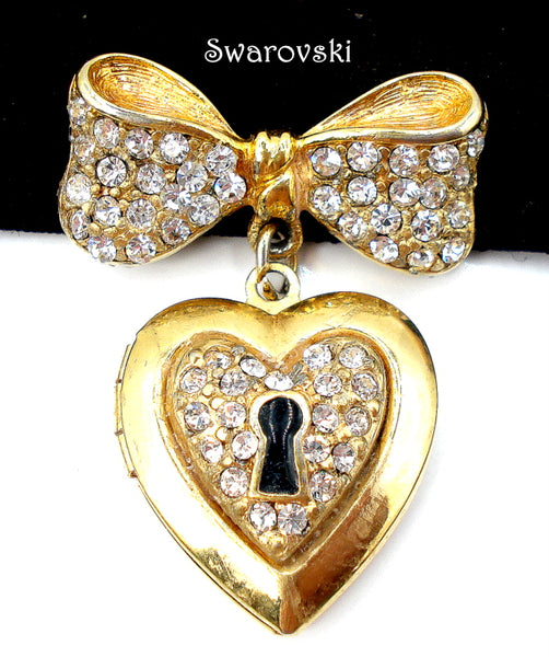 Vintage Swarovski Pin Crystal Rhinestone Heart Dangle Locket