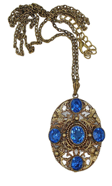 Victorian Revival Pendant Necklace Sapphire Ovals Embossed Filigree