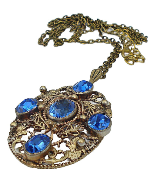 Victorian Revival Pendant Necklace Sapphire Ovals Embossed Filigree