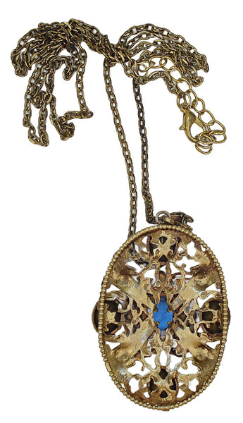 Victorian Revival Pendant Necklace Sapphire Ovals Embossed Filigree