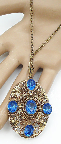 Victorian Revival Pendant Necklace Sapphire Ovals Embossed Filigree
