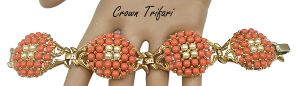 Crown Trifari Bracelet Chunky Links Faux Coral and Pearl Cabochons Gold Tone 7"