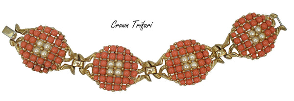 Crown Trifari Bracelet Chunky Links Faux Coral and Pearl Cabochons Gold Tone 7"