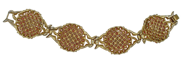 Crown Trifari Bracelet Chunky Links Faux Coral and Pearl Cabochons Gold Tone 7"